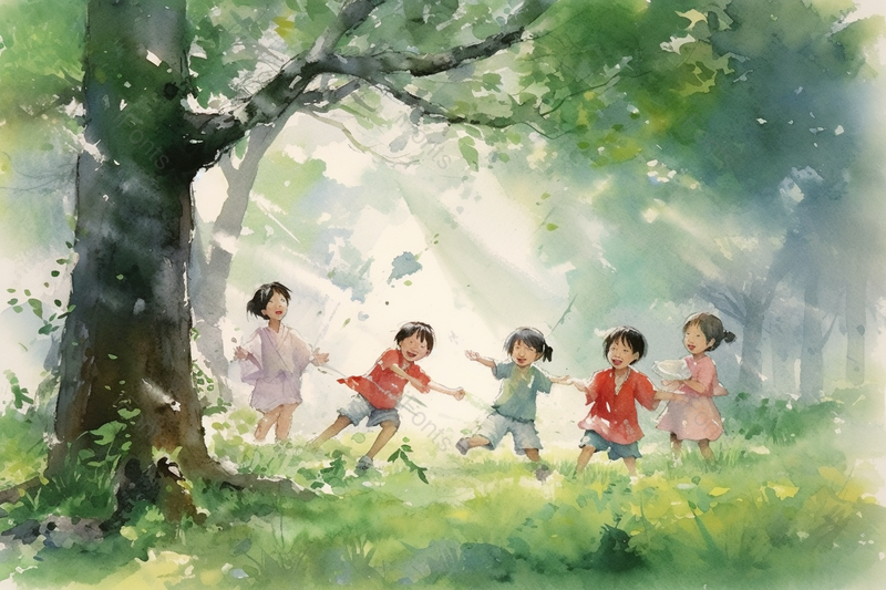 绿色草坪上大树下小朋友玩游戏手绘图,插画/手绘图,插画/手绘图库,插画/手绘图下载,插画/手绘